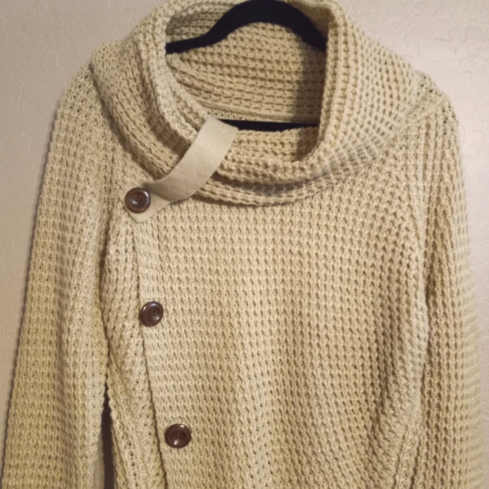 Turtle Cowl Neck Asymmetric Button Hem Knit Wrap Pullover Chunky Sweater - Picture 3 of 7